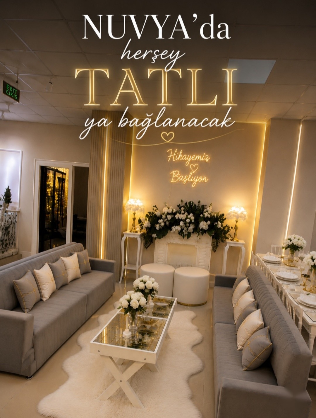 NUVYA Luxury Events salon oturma grubu ve neon ışıklı dekorasyon